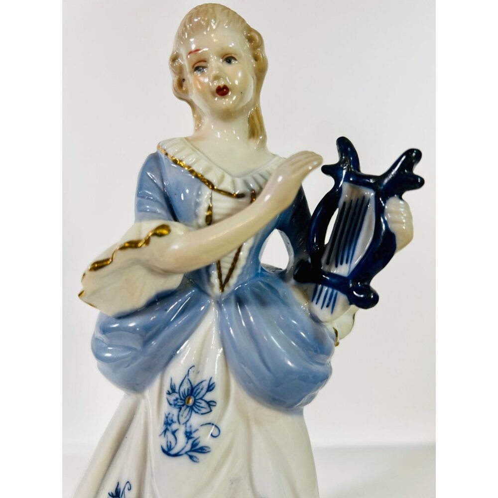 Vtg Rare Porcelain Figurine Gilded Blond Lady Blue White‎ Dress Lyre Flower